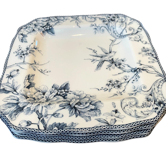 222 Fifth Adelaide Blue Salad Plates 8.5in Square Set of 4 Bird & Floral Design - Picture 3 of 7